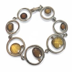Silver-Tone Circular Link Bracelet with Mixed Amber/Tone Cabochon Stones